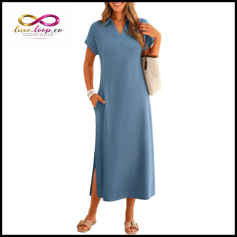 Loose Fit Maxi Dress With Cap Sleeves V Neck Pockets Casual Summer